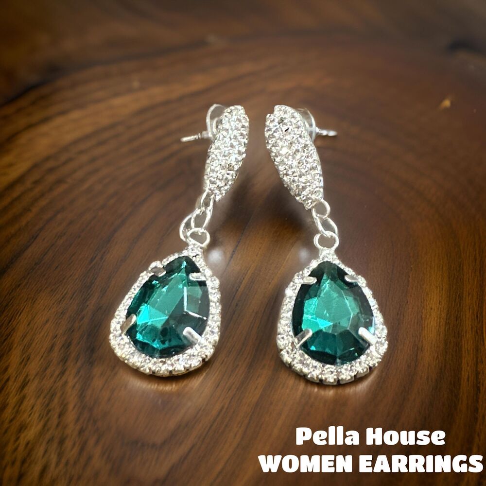 Silver Tone Gatsby Flapper Peacock Zircon Rhinestone Pear Earrings GREEN